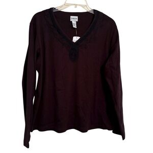 Chicos V-Neck Chocolate Brown Long Sleeve Embroidered Neckline Tee Size 3